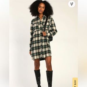 Seasonal Spectacle Green Plaid Long Sleeve Shirt Mini Dress​